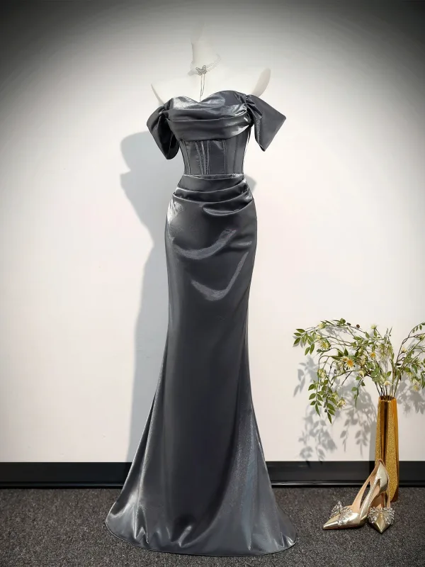 Sexy Grau Abendkleider 2026 Meerjungfrau Off Shoulder Kurze Ärmel Rückenfreies Lange Festliche Kleider
