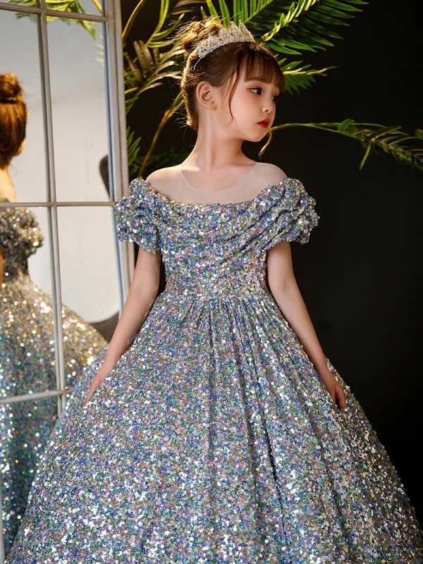 Sparkly Multi-Colors Sequins Birthday Flower Girl Dresses 2024 Ball Gown Scoop Neck Short Sleeve Floor-Length / Long