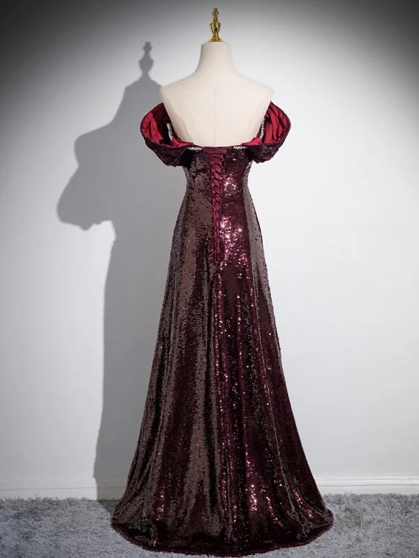 Sparkly Vintage / Retro Burgundy Beading Sequins Prom Dresses 2024 A-Line / Princess Off-The-Shoulder Short Sleeve Backless Floor-Length / Long Prom Formal Dresses