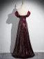 Sparkly Vintage / Retro Burgundy Beading Sequins Prom Dresses 2024 A-Line / Princess Off-The-Shoulder Short Sleeve Backless Floor-Length / Long Prom Formal Dresses
