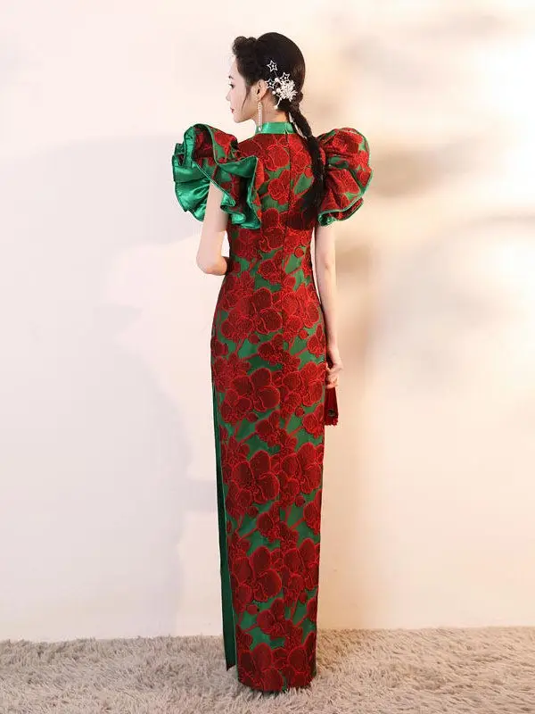 Vintage Czerwone Druk Długie Wieczorowe Cheongsam 2026 Syrena / Rozkloszowane Wysokiej Szyi Bufiasta Kótkie Rękawy