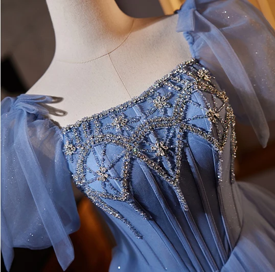 Chic / Beautiful Ocean Blue Glitter Rhinestone Prom Dresses 2024 Ball Gown Square Neckline Puffy Short Sleeve Backless Formal Dresses Prom Floor-Length / Long