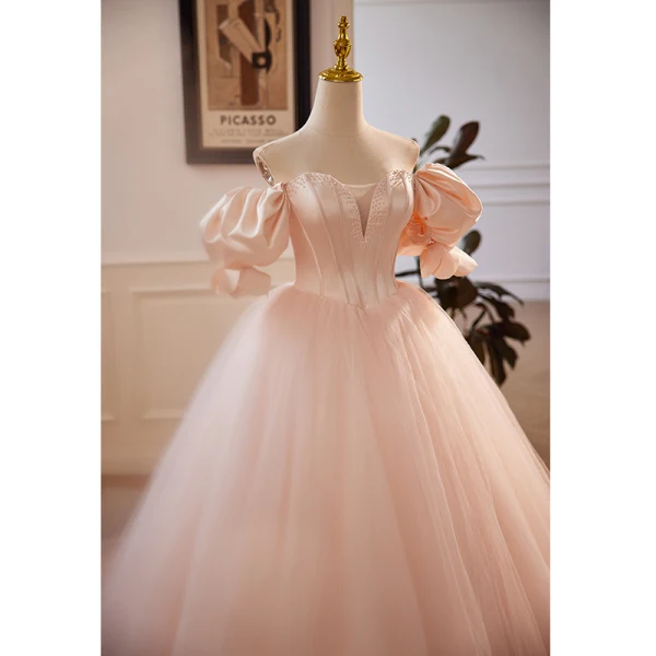 Chic / Beautiful Blushing Pink Beading Prom Dresses 2023 Ball Gown Off-The-Shoulder Puffy Short Sleeve Backless Floor-Length / Long Prom Formal Dresses