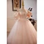 Chic / Beautiful Blushing Pink Beading Prom Dresses 2023 Ball Gown Off-The-Shoulder Puffy Short Sleeve Backless Floor-Length / Long Prom Formal Dresses