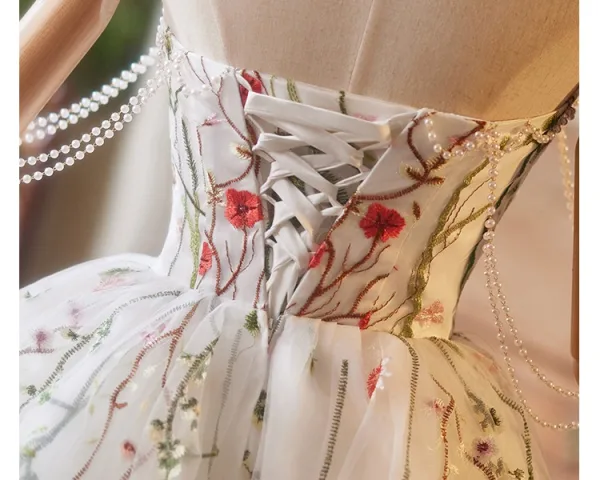 Charming White Lace Flower Homecoming Graduation Dresses 2025 Ball Gown Strapless Sleeveless Backless Floor-Length / Long Formal Dresses Charming White Lace Flower Homecoming Graduation Dresses 2025 Ball Gown Strapless Sleeveless Backless Floor-Length / Long Formal Dresses
