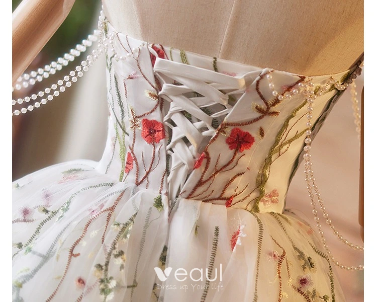Charming White Lace Flower Homecoming Graduation Dresses 2025 Ball Gown Strapless Sleeveless Backless Floor-Length / Long Formal Dresses Charming White Lace Flower Homecoming Graduation Dresses 2025 Ball Gown Strapless Sleeveless Backless Floor-Length / Long Formal Dresses