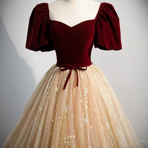 Classic Burgundy Star Sequins Formal Dresses 2022 Ball Gown Square Neckline Suede Short Sleeve Backless Bow Floor-Length / Long Prom Prom Dresses
