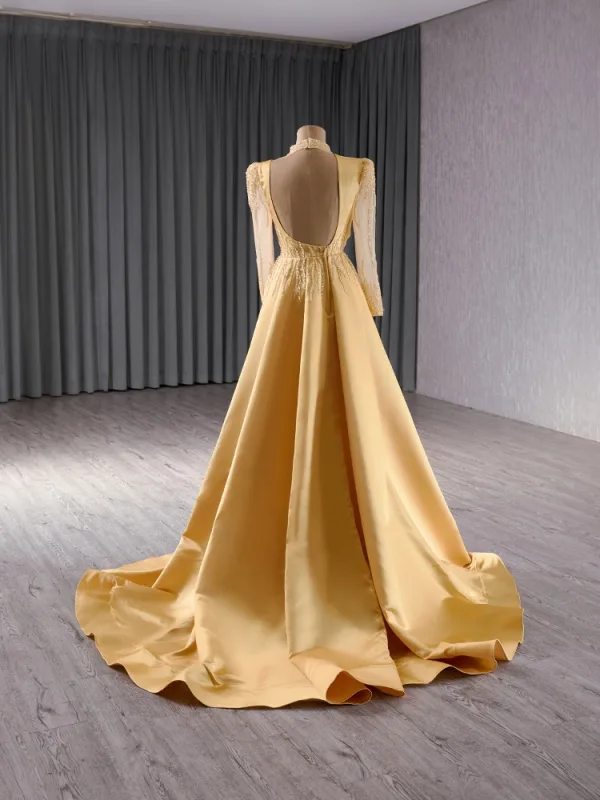 High-end Vintage / Retro Gold Sequins Trumpet / Mermaid Prom Dresses 2024 High Neck Long Sleeve Backless Sweep Train Prom Formal Dresses