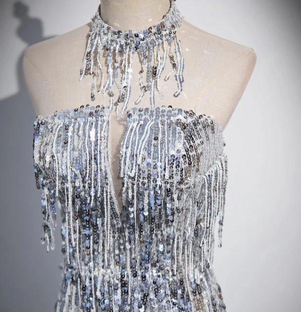 Scintillantes Sexy Argenté Paillettes Gland Robe De Soirée 2024 Trompette / Sirène Col Haut Sans Manches Dos Nu Longue Soirée Robe De Ceremonie