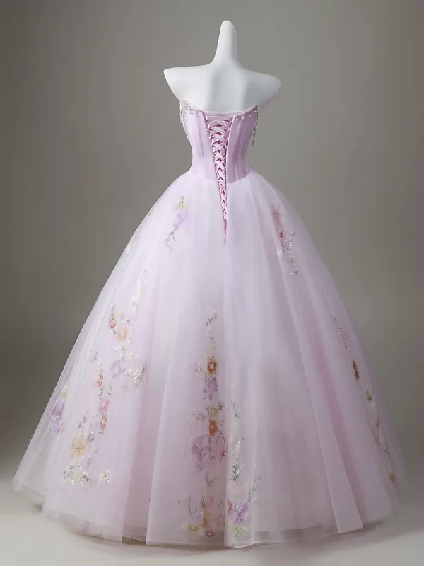 Elegant Lavender Pearl Rhinestone Sequins Flower Prom Dresses 2026 Ball Gown Strapless Sleeveless Backless Floor-Length / Long Formal Dresses