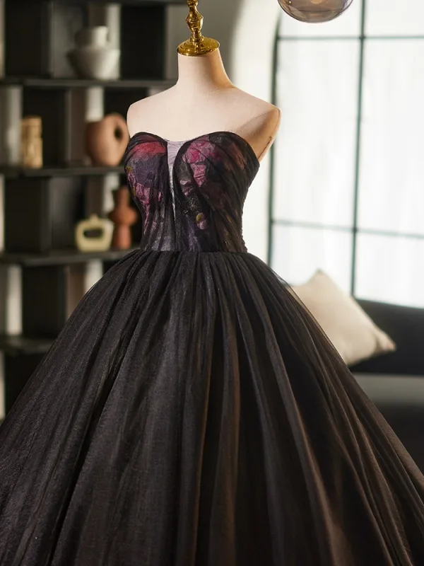 Elegant Black Printing Prom Dresses 2025 Ball Gown Strapless Sleeveless Backless Floor-Length / Long Prom Formal Dresses