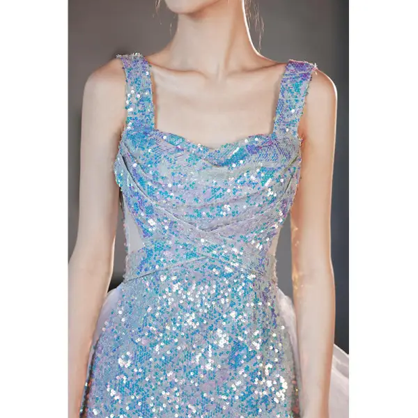 Scintillantes Bleu Ciel Multi-Couleurs Paillettes Robe De Soirée 2022 Trompette / Sirène Encolure Carrée Sans Manches Dos Nu Train De Balayage Soirée Robe De Ceremonie