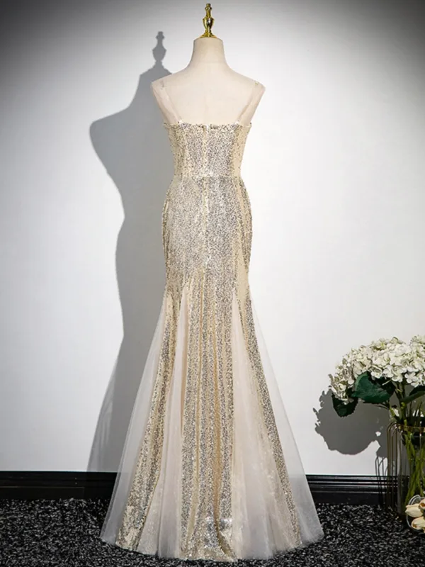 Sexy Glitzernden Champagner Pailletten Abendkleider 2024 Meerjungfrau Spaghettiträger Ärmellos Rückenfreies Lange Abend Festliche Kleider