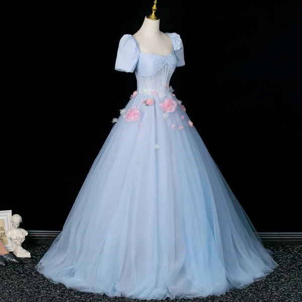 Elegant Sky Blue Appliques Prom Dresses 2025 Ball Gown Square Neckline Puffy Short Sleeve Backless Floor-Length / Long Formal Dresses
