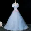 Elegant Sky Blue Appliques Prom Dresses 2025 Ball Gown Square Neckline Puffy Short Sleeve Backless Floor-Length / Long Formal Dresses