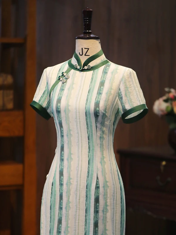 Vintage / Retro Dark Green Street Wear Tea-length Cheongsam 2024 Trumpet / Mermaid High Neck Short Sleeve