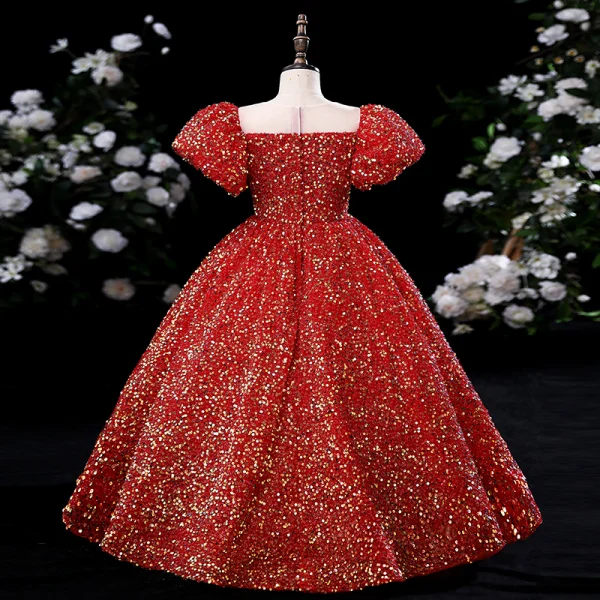 Scintillantes Rouge Paillettes Soirée Robe Ceremonie Fille 2022 Robe Boule Encolure Dégagée Gonflée Manches Courtes Longue Robe Ceremonie Fille