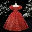 Scintillantes Rouge Paillettes Soirée Robe Ceremonie Fille 2022 Robe Boule Encolure Dégagée Gonflée Manches Courtes Longue Robe Ceremonie Fille