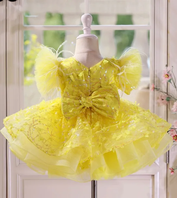 Schöne Gelb Applikationen Pailletten Quaste Schleife Kurze Geburtstag Blumenmädchenkleider 2025 Ballkleid Rundhalsausschnitt Geschwollenes Kurze Ärmel