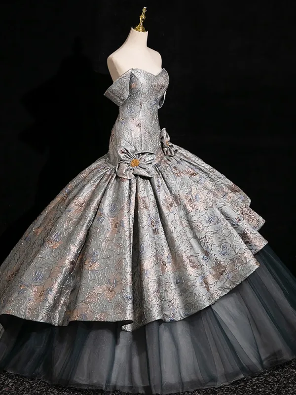 Vintage / Retro Grey Printing Prom Dresses 2024 Ball Gown Strapless Sleeveless Backless Floor-Length / Long Prom Formal Dresses