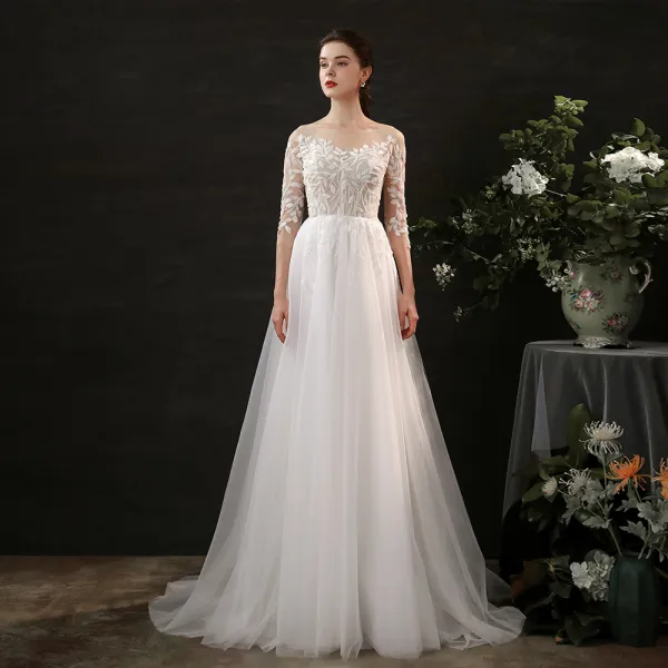 Elegant Leaf Lace Ivory Bridal Wedding Dresses 2021 A-Line / Princess Scoop Neck 3/4 Sleeve Court Train Tulle