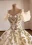 Luxury / Gorgeous Champagne Beading Lace Flower Sequins Ruffle Prom Dresses 2026 Ball Gown V-Neck Short Sleeve Backless Sweep Train Formal Dresses