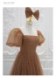 Vintage / Retro Brown Princess Prom Dresses 2021 Square Neckline Crossed Straps Floor-Length / Long Ruffle Tulle Satin Short Sleeve Formal Dresses