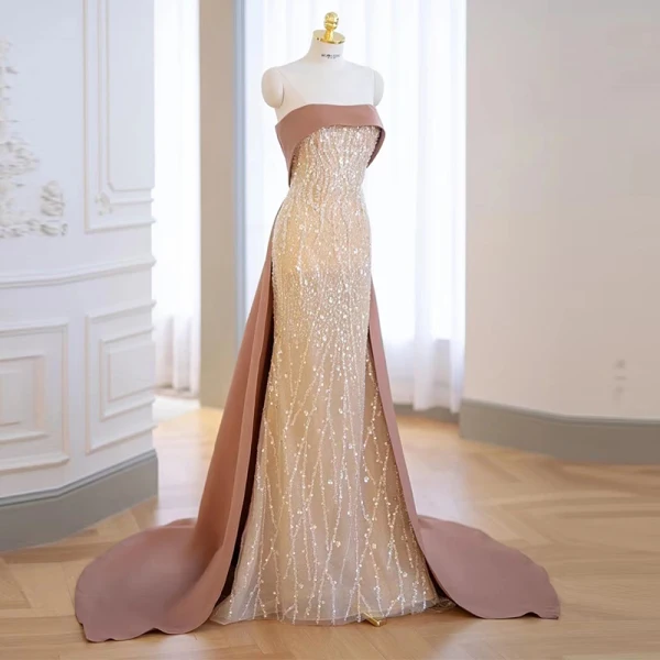 Charmant Champagne Perlage Paillettes Robe De Soirée 2022 Trompette / Sirène Bustier Sans Manches Dos Nu Noeud Tribunal Train Soirée Robe De Ceremonie