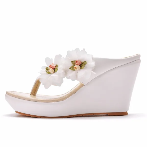 Fashion White Appliques Beach Outdoor / Garden Womens Sandals 2024 9 cm Wedges Open / Peep Toe Sandals