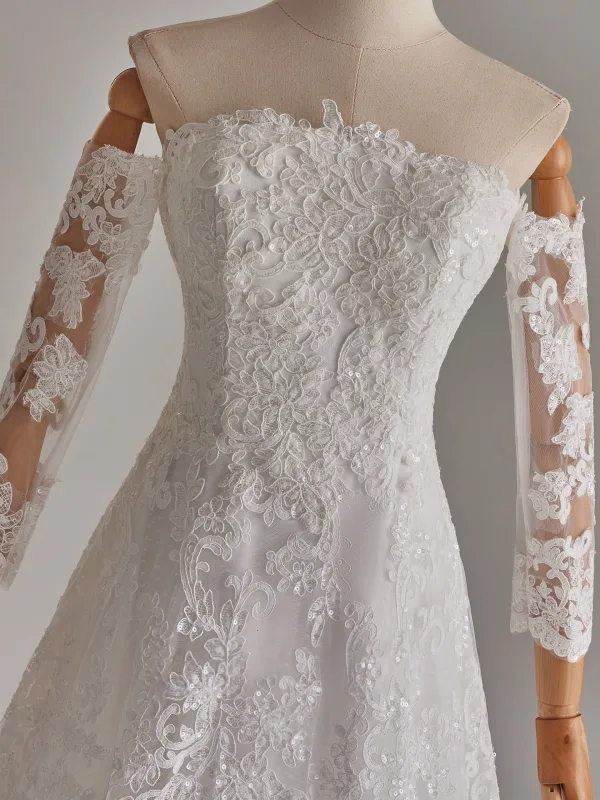 Schlicht Weiß Pailletten Spitze Blumen Brautkleider / Hochzeitskleider 2025 A Linie Off Shoulder Lange Ärmel Rückenfreies Sweep / Pinsel Zug Hochzeit
