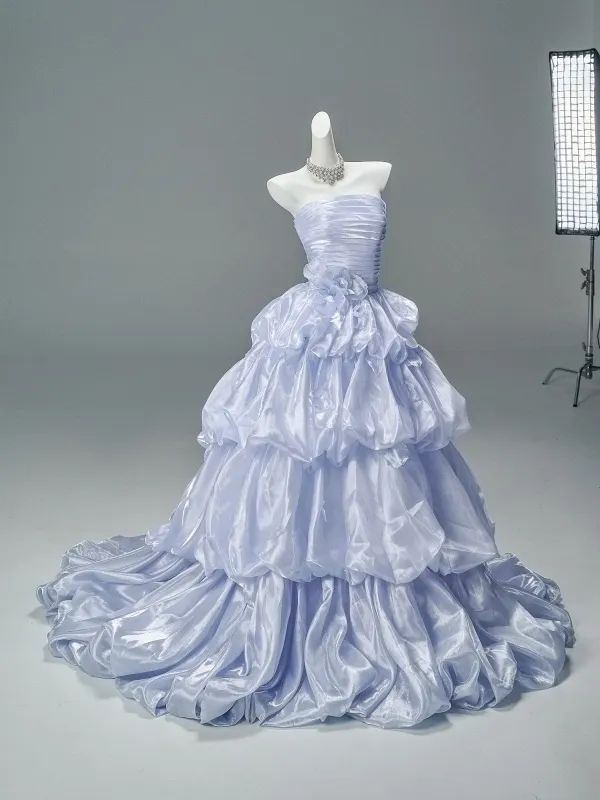 High-end Fashion Sky Blue Glitter Appliques Cascading Ruffles Prom Dresses 2026 Ball Gown Strapless Sleeveless Backless Court Train Formal Dresses