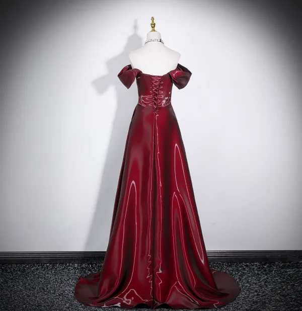 Modest / Simple Burgundy Prom Dresses 2026 A-Line / Princess Off-The-Shoulder Cap Sleeves Backless Floor-Length / Long Formal Dresses