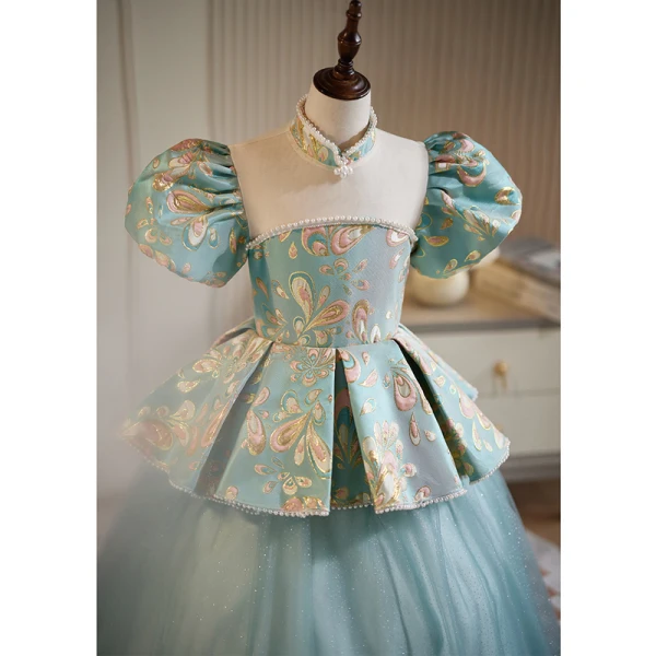 Chinese style Sky Blue Pearl Printing Prom Flower Girl Dresses 2023 Cascading Ruffles Ball Gown High Neck Puffy Short Sleeve Backless Floor-Length / Long Flower Girl Dresses