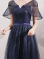 Vintage / Retro Navy Blue Beading Star Sequins Prom Dresses 2024 A-Line / Princess V-Neck Short Sleeve Backless Floor-Length / Long Prom Formal Dresses