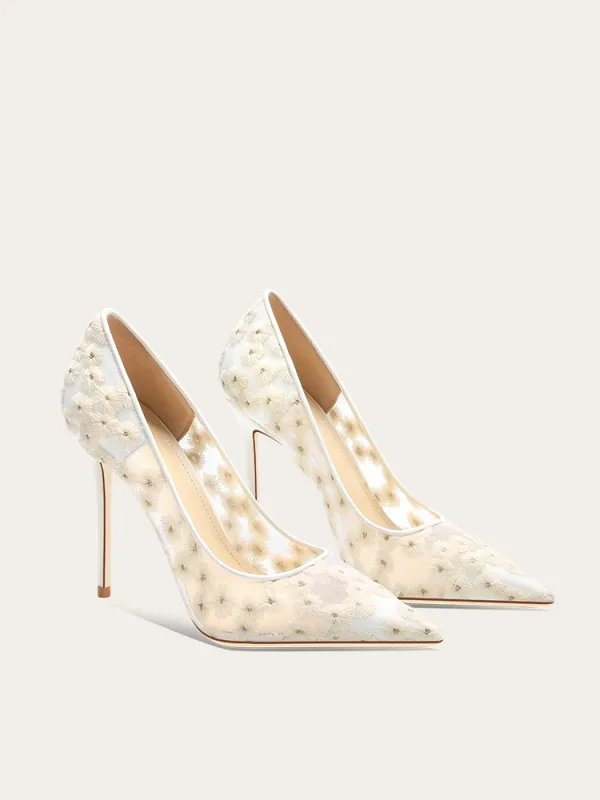Mode Blanche Marguerite Brodé Chaussure De Mariée 2024 10 cm Talons Aiguilles À Bout Pointu Mariage Escarpins Talons Hauts