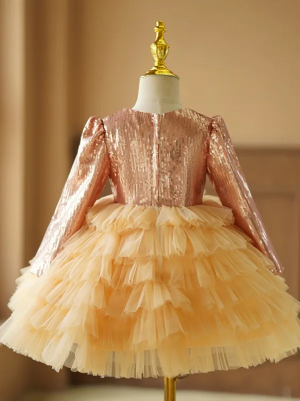 Sparkly Gold Cascading Ruffles Sequins Birthday Short Flower Girl Dresses 2024 Ball Gown Scoop Neck Long Sleeve Flower Girl Dresses