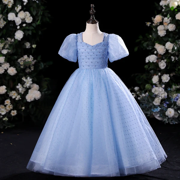 Modest / Simple Sage Green Pearl Birthday Flower Girl Dresses 2024 Ball Gown Square Neckline Short Sleeve Floor-Length / Long