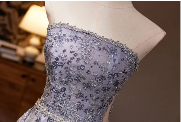 Charming Lavender Beading Rhinestone Prom Dresses 2024 A-Line / Princess Strapless Sleeveless Backless Floor-Length / Long Prom Formal Dresses