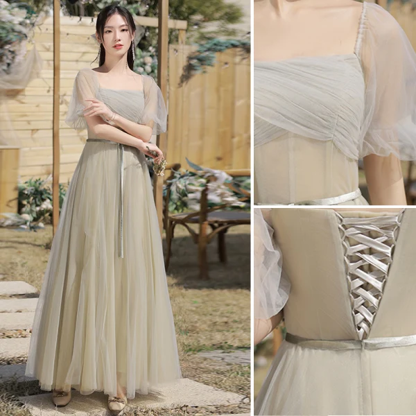 Modest / Simple Sage Green Bridesmaid Dresses 2022 A-Line / Princess Short Sleeve Backless Bow Sash Floor-Length / Long Wedding Party Dresses