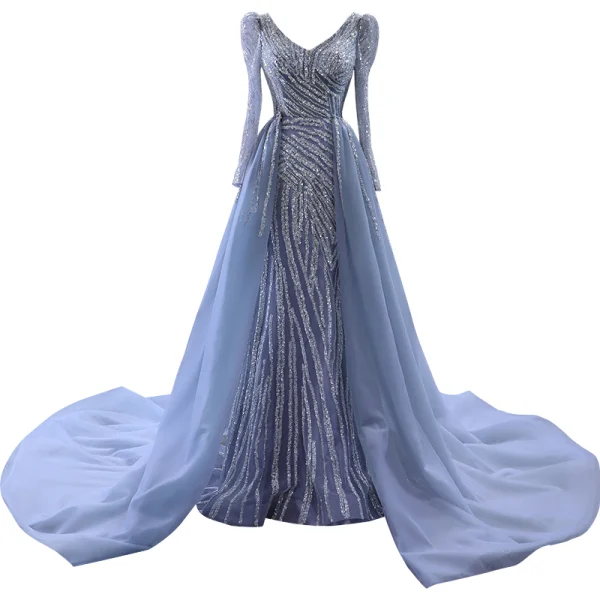High-end Vintage / Retro Grey Beading Sequins Evening Dresses 2023 Trumpet / Mermaid V-Neck Long Sleeve Evening Party Court Train Formal Dresses