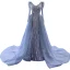 High-end Vintage / Retro Grey Beading Sequins Evening Dresses 2023 Trumpet / Mermaid V-Neck Long Sleeve Evening Party Court Train Formal Dresses