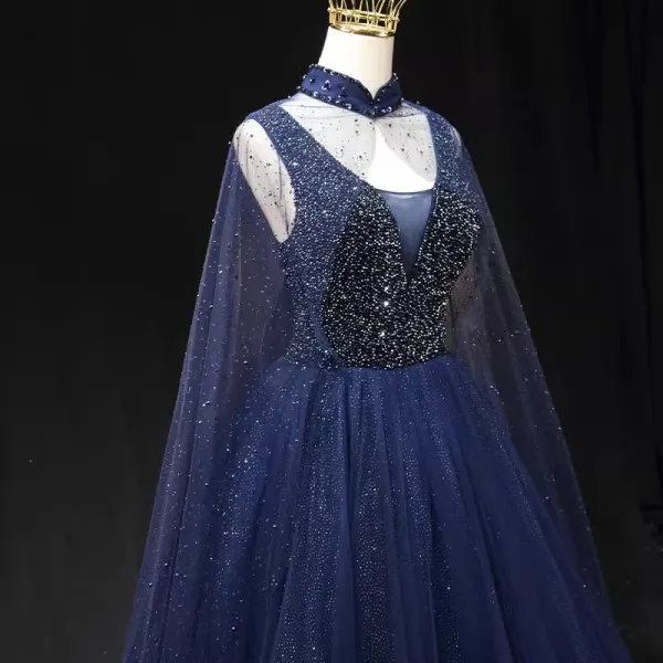 High-end Vintage / Retro Navy Blue Beading Sequins Prom Dresses 2024 Ball Gown High Neck Sleeveless Backless Floor-Length / Long Formal Dresses