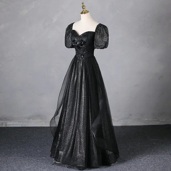 Elegant Black Appliques Glitter Prom Dresses 2024 A-Line / Princess Square Neckline Puffy Short Sleeve Backless Floor-Length / Long Prom Formal Dresses
