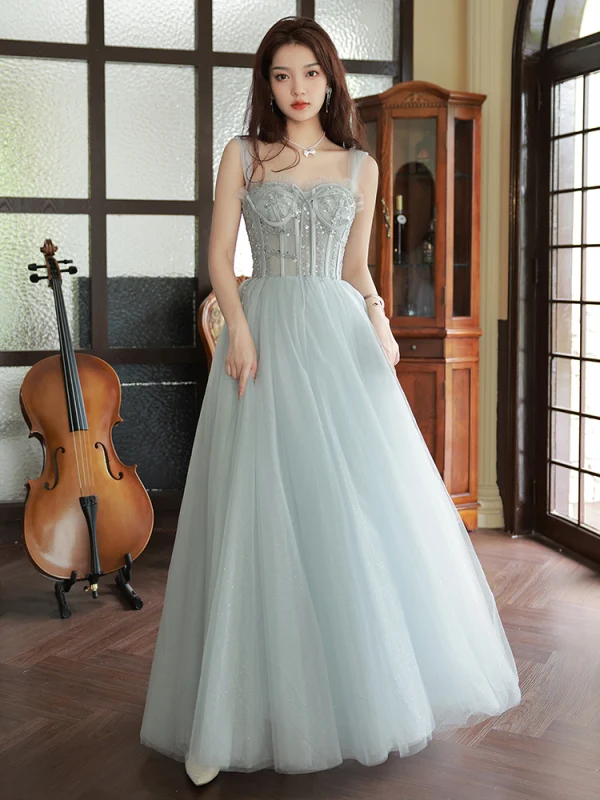 Charming Silver Grey Evening Dresses 2023 A-Line / Princess Off-The-Shoulder Beading Sleeveless Backless Floor-Length / Long Evening Party Formal Dresses