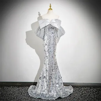 Scintillantes Argenté Paillettes Robe De Soirée 2025 Trompette Sirène De L Épaule Sans Manches Dos Nu Train De Balayage Soirée Robe De Ceremonie