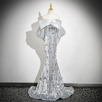 Scintillantes Argenté Paillettes Robe De Soirée 2025 Trompette Sirène De L Épaule Sans Manches Dos Nu Train De Balayage Soirée Robe De Ceremonie
