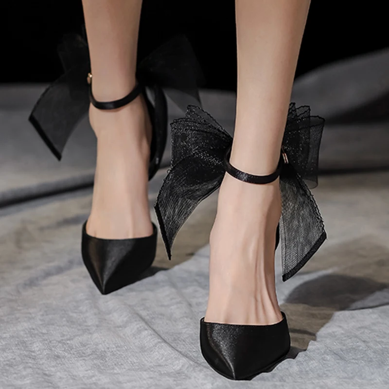 Fashion Black Evening Party Bow Womens Shoes 2022 10 cm Stiletto Heels Ankle Strap Toe