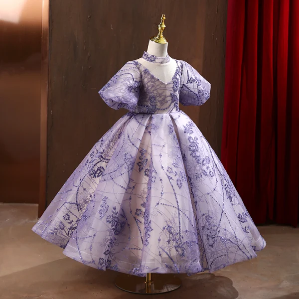 Elegant Lavender Glitter Sequins Flower Girl Dresses 2022 Ball Gown High Neck Bell sleeves Backless Prom Elegant Lavender Glitter Sequins Flower Girl Dresses 2022 Ball Gown High Neck Bell sleeves Backless Prom