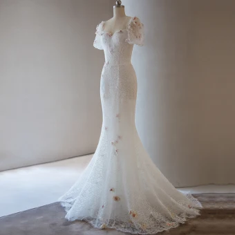 Chic Beautiful White Lace Flower Light Wedding Dresses 2022 Trumpet Mermaid Square Neckline Short Sleeve Appliques Backless Floor Length Long Wedding