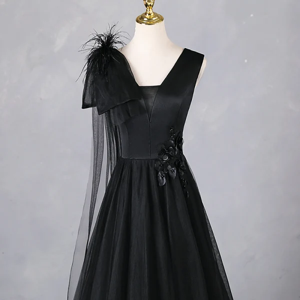 Elegant Black Tassel Appliques Prom Dresses 2024 Backless A-Line / Princess V-Neck Sleeveless Floor-Length / Long Prom Formal Dresses